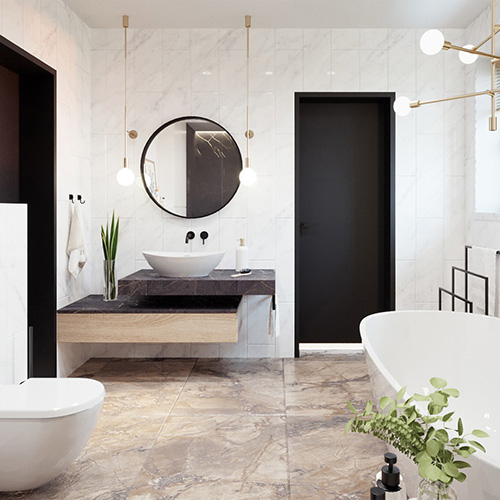 Projekt łazienki z kamiennymi płytkami i złotymi dodatkami. M2 Architektura architekt Katowice