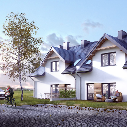 Wizualizacje budynków mieszkalnych jednorodzinnych w zabudowie bliźniaczej. M2 Architektura Katowice